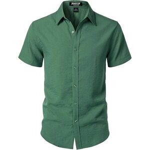 JEMITOP Button Down Shirt Men Large Green Stretch Textured Short Sleeve Casual